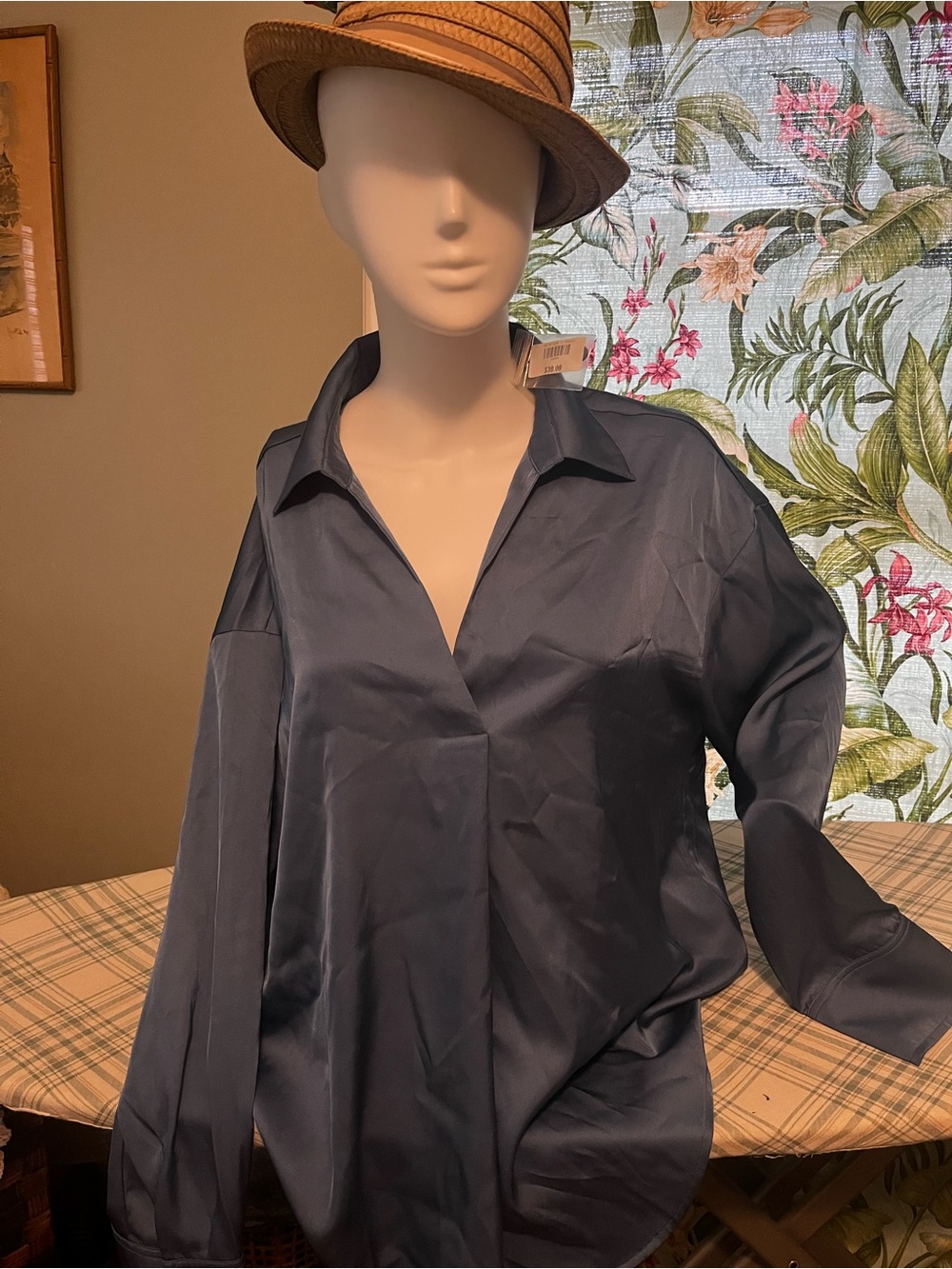 Double Zero Navy Satin Button-Down Blouse